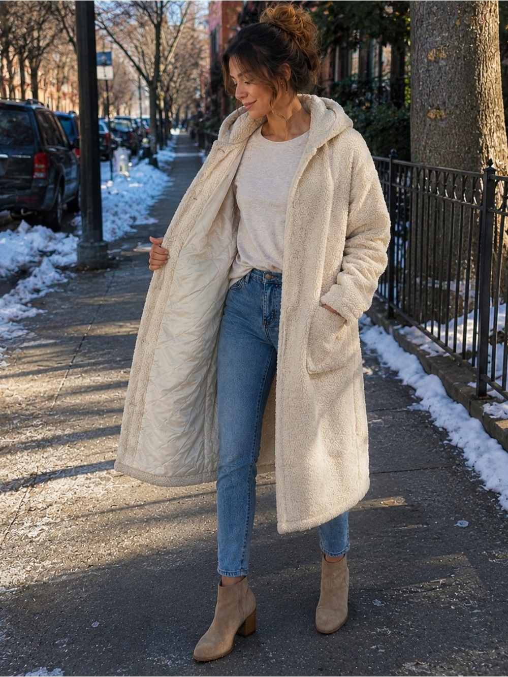 Metrostyle Hooded Teddy Sherpa Long Coat XL Tall Cream Button Front
